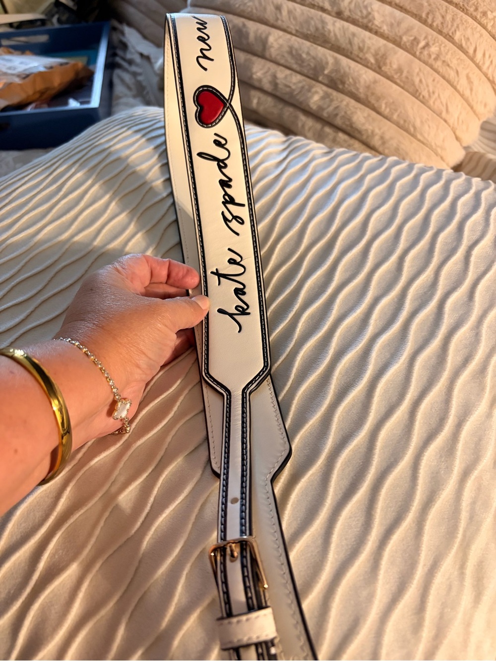 kate spade White Leather Bag Strap with Red Heart and Script